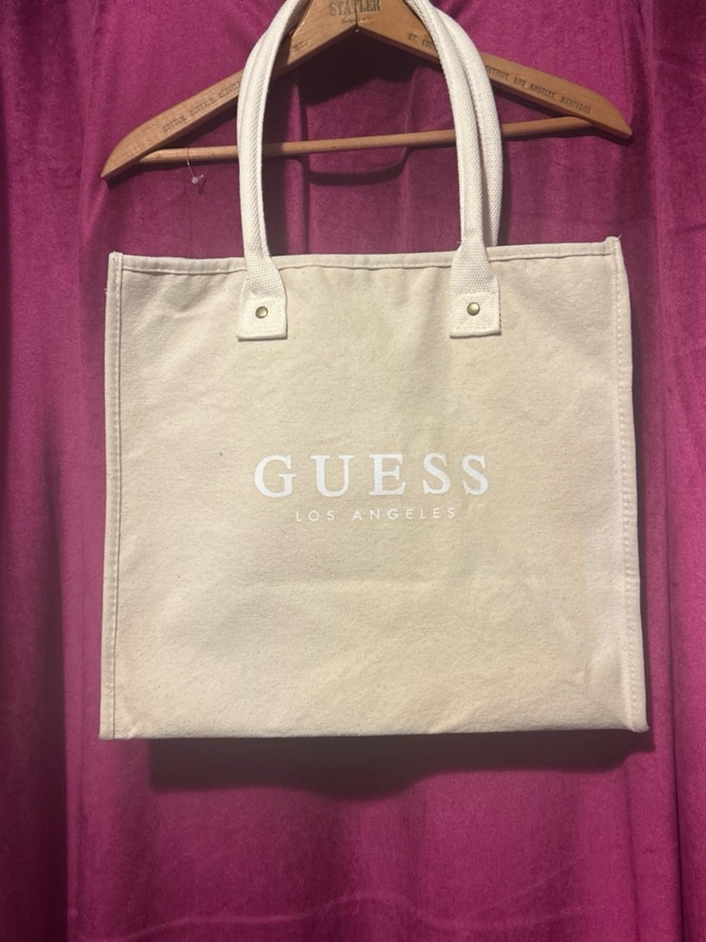 GUESS Cream Canvas Tote with White Logo